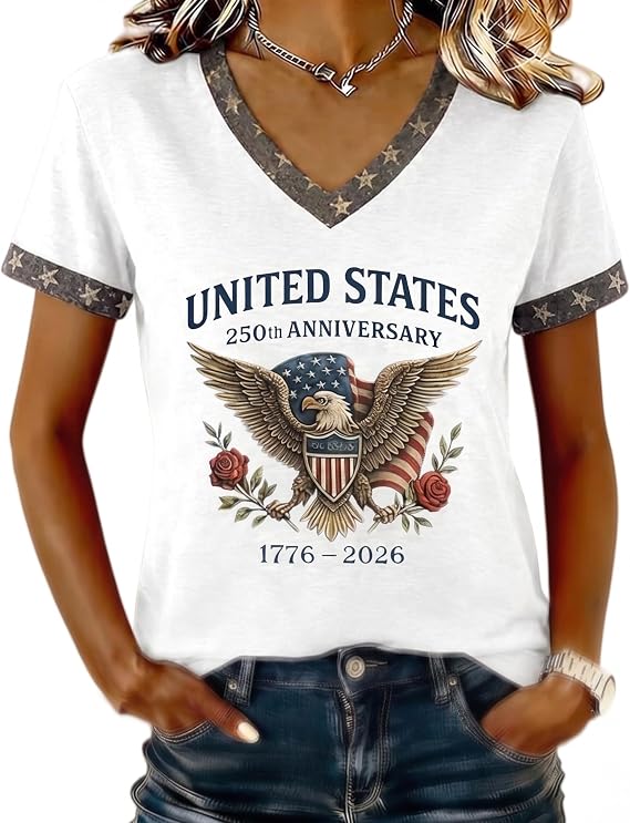 250th Anniversary Shirt Women 1776-2026 Patriotic Eagle Graphic V Neck Short Sleeve Top