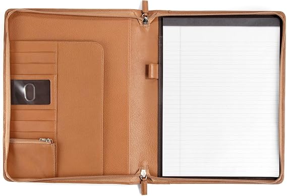 Leatherology Cognac Classic Zippered Padfolio Full Grain Leather Organizer with Card Slots, ID Window & Letter Pad
