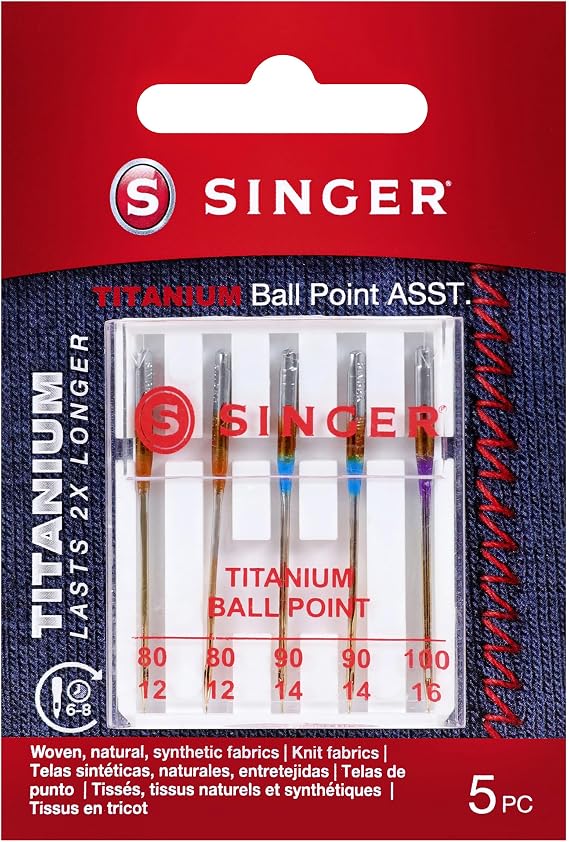 SINGER Ball Point Titanium Machine Needles, Knit Fabric, 5 Count | Titanium ball-point machine needles for knit fabrics, 5 count; 4x longer lasting, resist heat and breakage, fit most