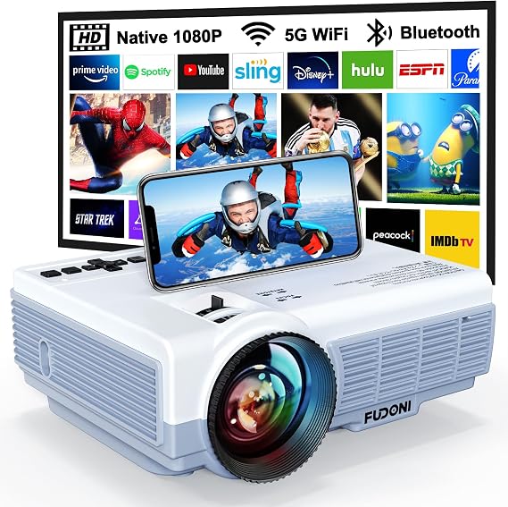 FUDONI Projector with 5G WiFi & Bluetooth, Native 1080P 18000L Portable | Compact Outdoor Movie Projector, Home Theater, Built-in Speaker, HDMI USB AV, Works with Firestick, Laptop, iOS, Android, PS5