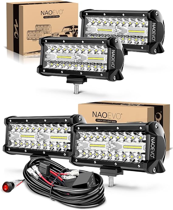 NAOEVO 7 inch LED Light Bar LED Work Lights for Truck Boat(4-Pack, with a Wiring Harness Kit)