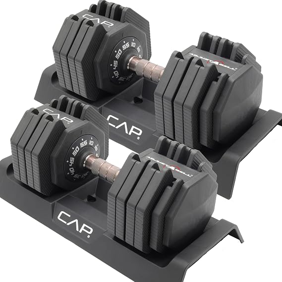 CAP ADJUSTABELL Adjustable Dumbbell Set, Premium Quick Select Adjustable Weights for Strength Training, Singles & Pairs, 25 LB & 55 LB, Hex Dumbbells, Multiple Handle Options