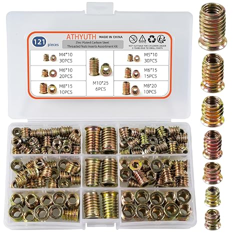 Threaded Inserts for Wood, 121 Pieces Zinc Plated Steel Thread Insert Nuts Assortment kit for Hardwoods, Hex Socket Flanged Threaded Wood Inserts M4 M5 M6 M8 M10 Screw Inserts for Wooden Furniture