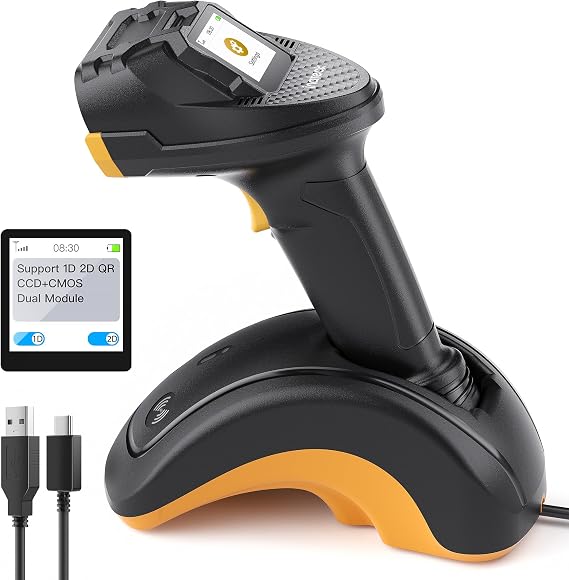 Inateck Barcode Scanner Bluetooth 2D 1D Wireless Handheld Scanner QR Code Scanner with Touchscreen and Smart Base CMOS CCD Dual Module Larger Range Supports App SDK P8