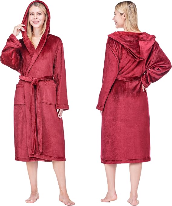 PAVILIA Womens Hooded Fleece Robe, Soft Plush Long Bathrobe with Hood | 220 GSM Microfiber, Lightweight Warm Cozy Housecoat, Spa Shower College Dorm Room Lounging, Birthday Holiday Gift for Her