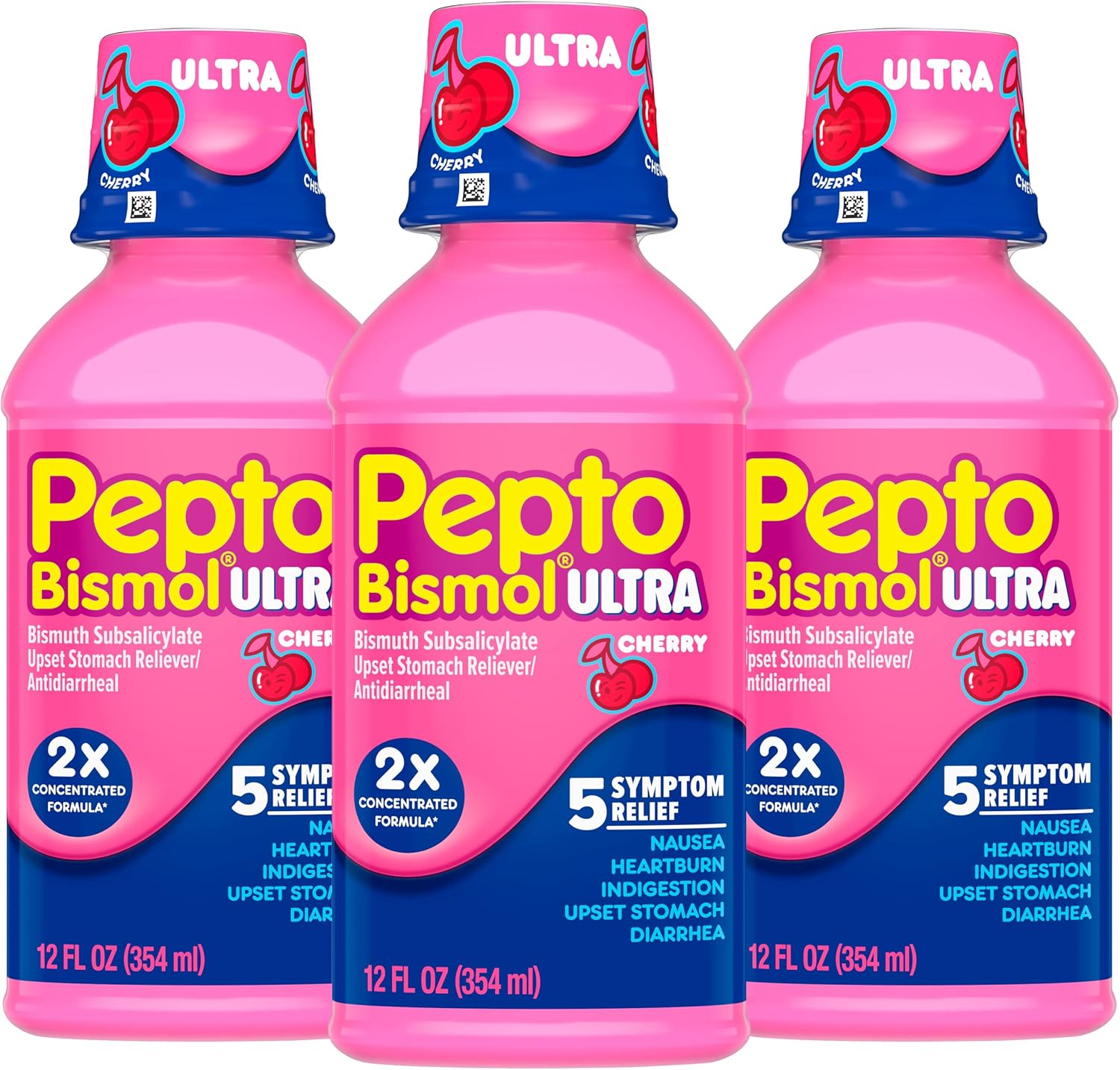 Pepto Bismol Liquid Ultra for Nausea, Heartburn, Indigestion, Upset Stomach, and Diarrhea - 5 Symptom Fast Relief, Cherry Flavor 12 oz Pack of 3
