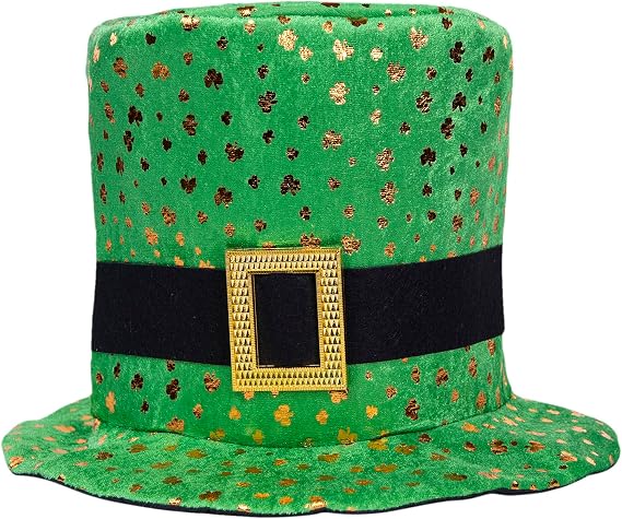 St. Patrick's Day Green Velvet Top Hat with Shamrock,Irish Leprechaun Plush Hat for Women Men Costume Accessory Party Favors