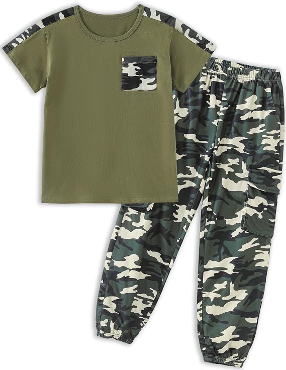 mksodopy Boys Clothes Outfits Set, Camo Cargo Pants and Short Sleeve Pocket Tee 2PC Summer Tracksuit for Kids 5-16Y