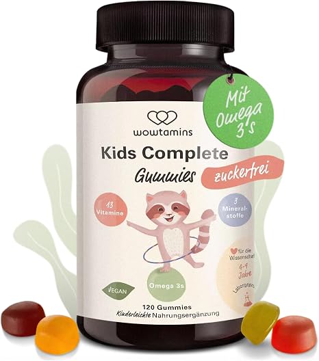 wowtamins Kids Complete Sugar-Free Vegan Multivitamin Gummies with Omega 3 (30 Day Supply) Vitamins for Children Dietary Supplement for the Immune System with Vitamin C D3 B12 Zinc & More