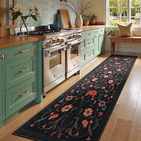 LIVEBOX Black Runners for Hallway - Boho Floral 2'6"x10 Washable Runner Rug, Non-Slip Kitchen Runner Rug, Soft Low-Pile Non-Shedding Carpet Runners for Hallway Entryway Bedroom Bathroom Farmhouse