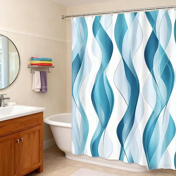Blue and Teal Striped Shower Curtain, Abstract Wavy Line Stripes, 70 x 70