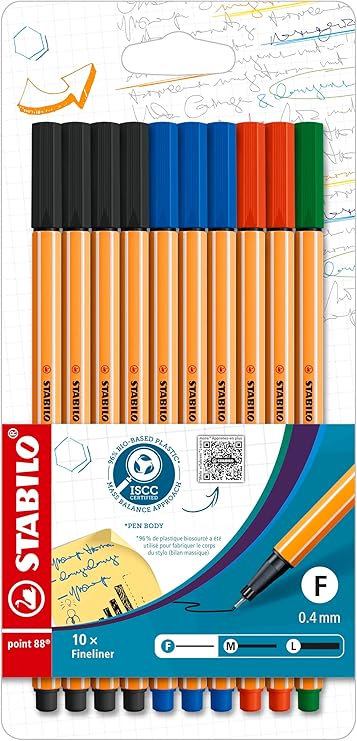 STABILO Fineliner point 88 - Pack of 10 - Office Colors - 4 x Black, 3 x Blue, 2 x Red, 1 x Green