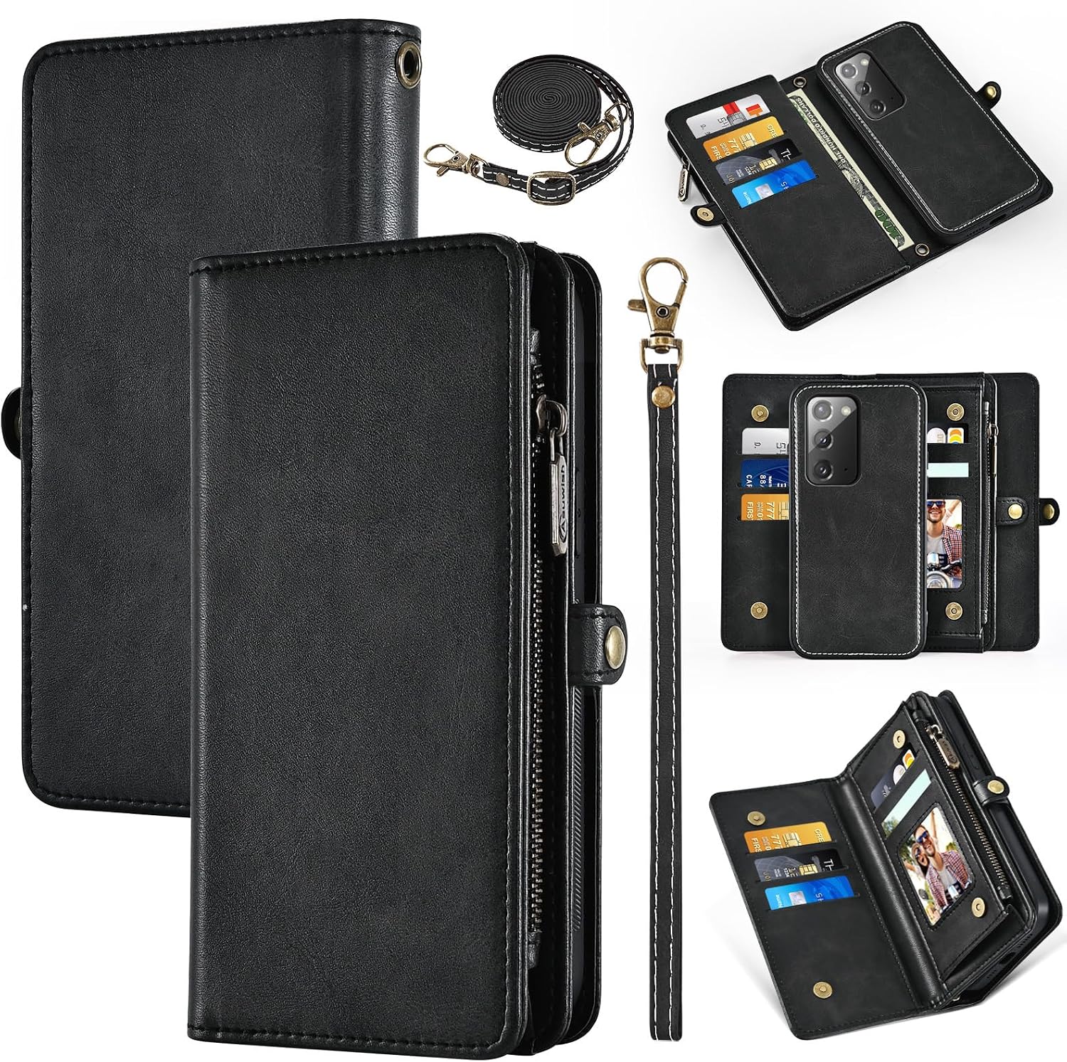Wallet Case for Samsung Galaxy Note 20 5G with Detachable Phone Case, Wrist Strap Shoulder Strap, Retro Leather Flip Stand Cell Phone Cover for Note20 Notes 20s Twenty Not S20 Women Men Black