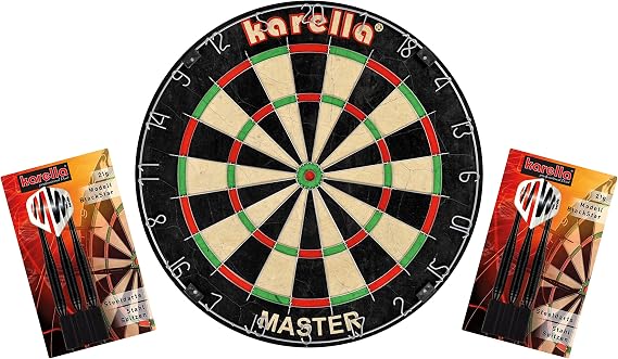 Karella Dartboard Master Set Includes 2 Sets Steel Darts Blackstar & Eco-Star Dart Mat Perfect Dart Set