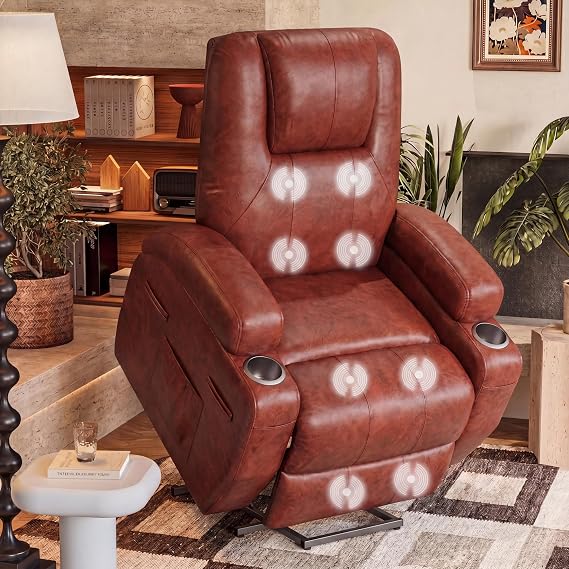 Furmax Power Lift Recliner Chair, Recliner Chair with Massage for Elderly | Leathaire Fabric Lift Chair with Cup Holders, Side Pockets and Remote Control for Living Room Bedroom , Brown
