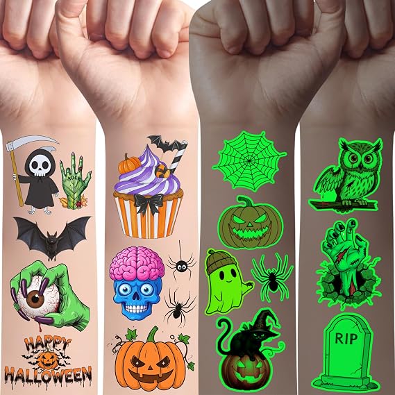 Glow In The Dark Halloween Temporary Tattoos, Party Favors | 60 PCS Glow In The Dark Halloween Tattoos For Trick Or Treat, Costumes, Goodie Bags, Classroom Prizes And Spooky Events