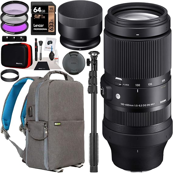 Sigma 100-400mm F5-6.3 DG DN OS Contemporary Lens 750965 for Sony E-Mount Full Frame Mirrorless Cameras Bundle w/Deco Gear Photography Backpack Case + Filter Kit + 64GB Card + Monopod + Accessories