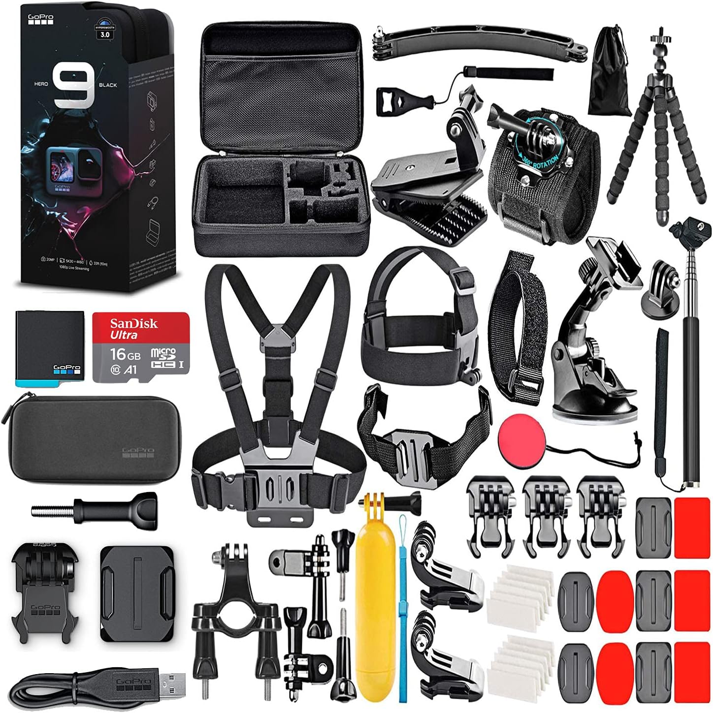 GoPro HERO9 Black - Waterproof Action Camera with Front LCD, Touch Rear Screens, 5K Video, 20MP Photos, 1080p Live Streaming, Stabilization  16GB Card and 50 Piece Accessory Kit - Action Kit