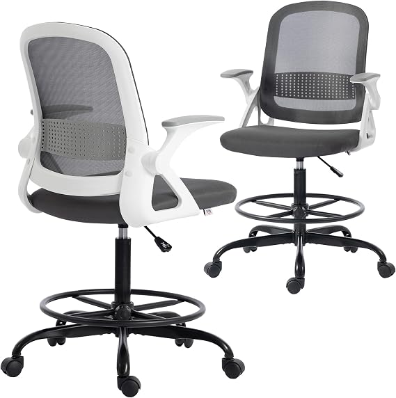HOMCOM Drafting Chair Tall Office Desk Chair with Flip-up Armrests Grey