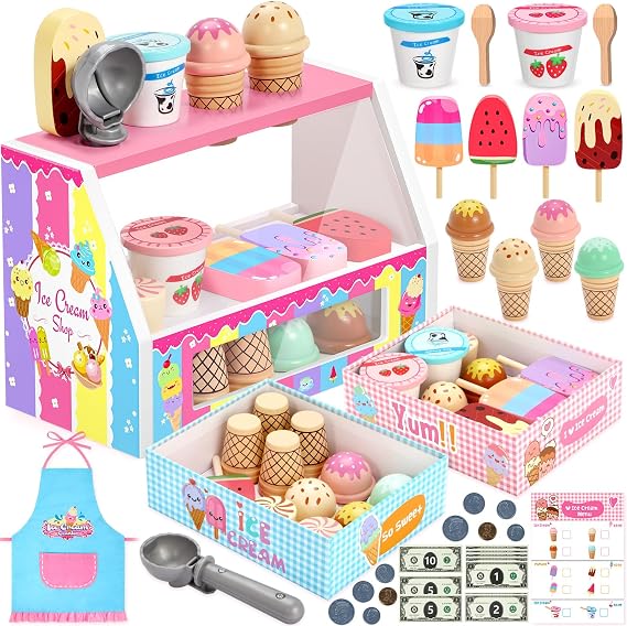 Ice Cream Toys for Toddlers 3-5 5-8, Wooden Ice Cream Shop Playset