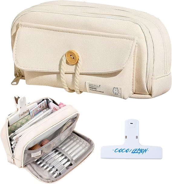 Cotton Kawaii Pencil Case with Big Clip, Cute Aesthetic Pen Pouch (Beige)