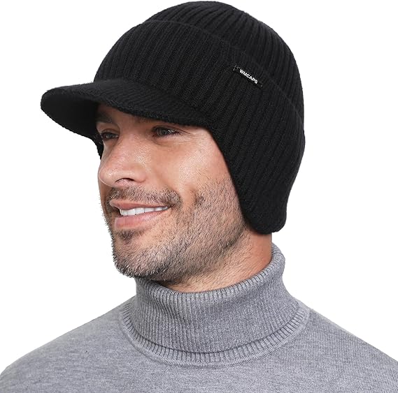 Wmcaps Winter Beanie with Brim and Ear Flaps, Outdoor Warm Fleece Lined Knit Hat Stocking Caps for Men Women