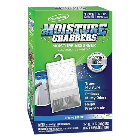 Concrobium Moisture Grabbers, 3-Pack 17.5 oz Bags (Spring Breeze) Powerful Moisture Absorber with Anti-Leak Gel, Covers Up to 350 cu ft, Eliminates Musty Odors & Adds a Light Fresh Scent