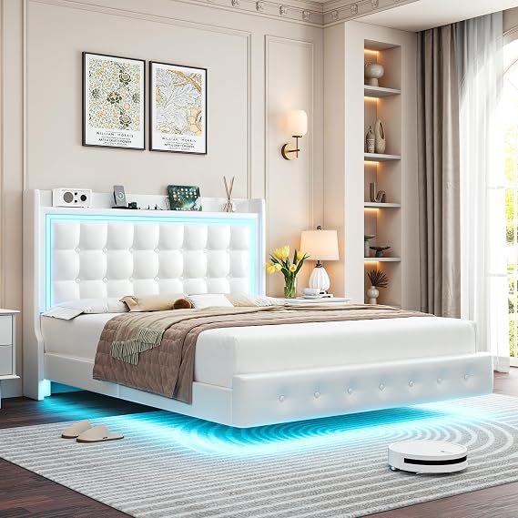 Keyluv Queen Floating Bed Frame with Storage Headboard, LED Lights & Charging Station Platform Bed, Soft Upholstered PU Leather, USB/Type-C Ports, Easy Assembly, White