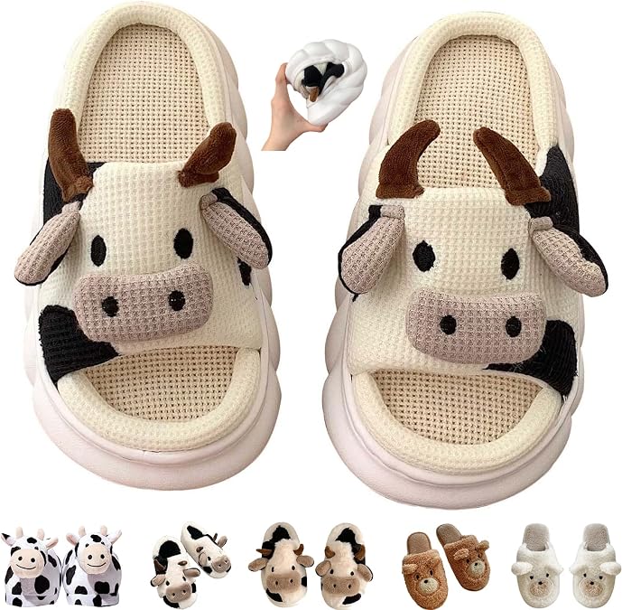 oiangi Cute Cartoon Cow Slippers for Women Anit-slip Open Toe Mute Linen Slides Indoor Soft Thick Sole Animal Slippers Kawaii Casual Comfortable Ladies Slip on Shoes