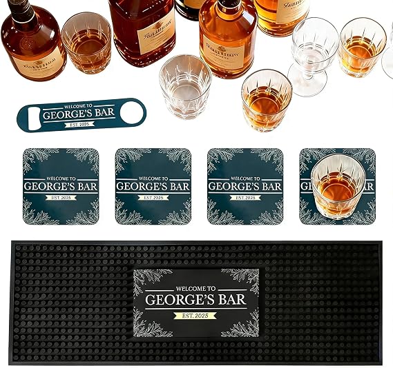 Personalized Bar Mat Set, Custom Bar Name, Non-slip PVC Rubber Bar Mat, Cork Coasters, Bottle Opener, for Home Bar, Coffee Bar, Gifts for Bartender, Drinking Cocktail Lover, Newlywed, Family