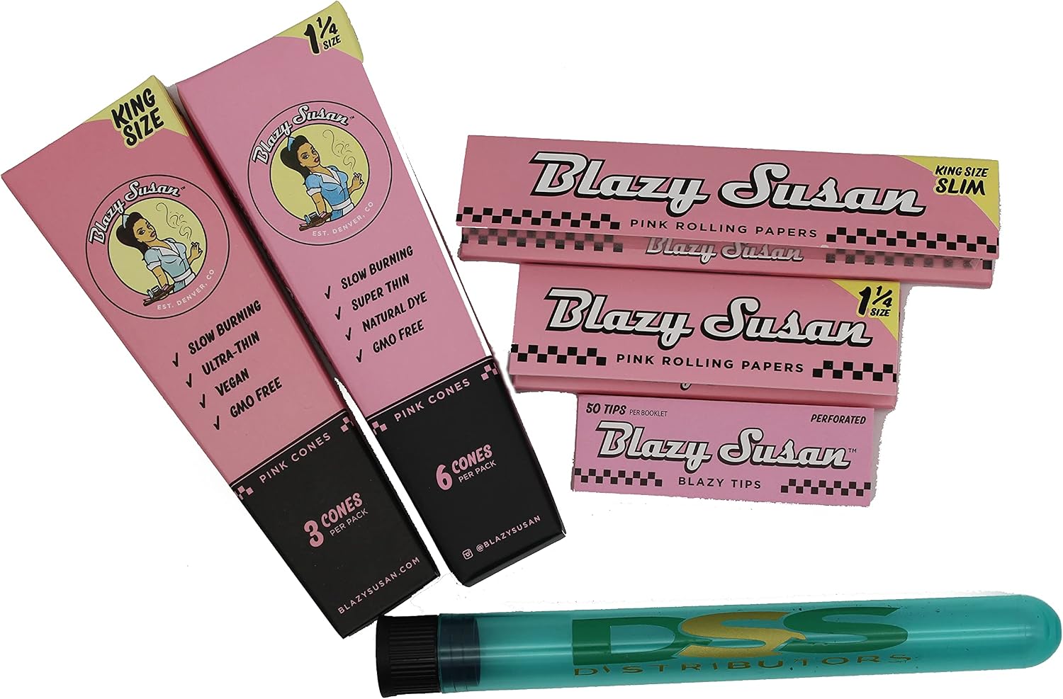 Blazy Susan Combo Pack 4 Packs of Papers  Tips 1 14 King Size Cones & Papers  DSS Storage Tube