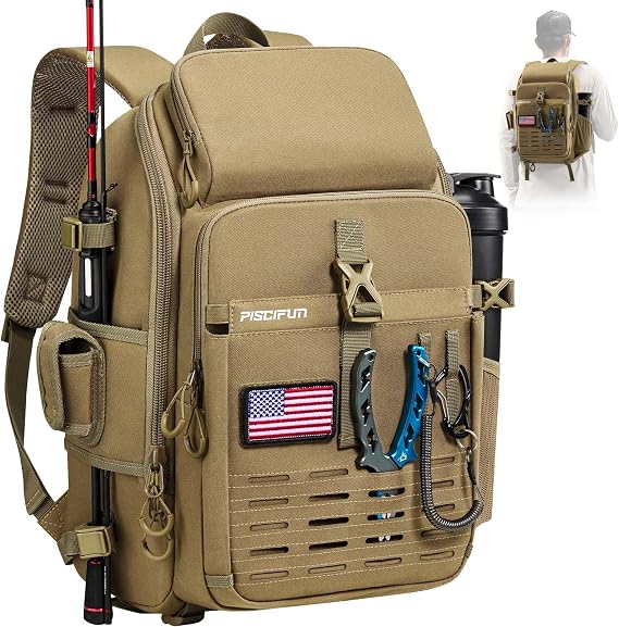 Piscifun Fishing Tackle Backpack, Rod & Gear Holder, Water-Resistant | 20L storage, breathable padding & adjustable shoulder straps, MOLLE panel, Khaki
