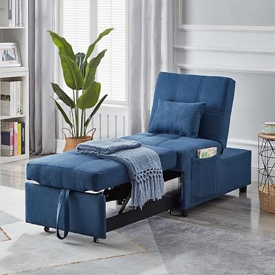 Sleeper Chair, 3-1 Convertible Chair Bed Pull Out Single Sofa Bed with Adjustable Backrest, 1 Pillows, Side Pocket, Living Room Bed Room Furniture, for Space Saving, Apartment, Office Blue