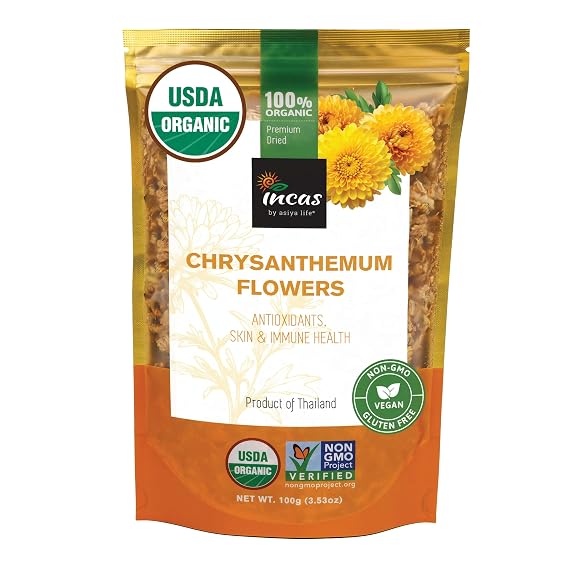 INCAS 100% USDA Organic Chrysanthemum Tea 3.53 oz (100 g) Non GMO Verified Dried Flowers Caffeine Free Gluten Free Vegan Rich in Antioxidants Sourced from Thailand
