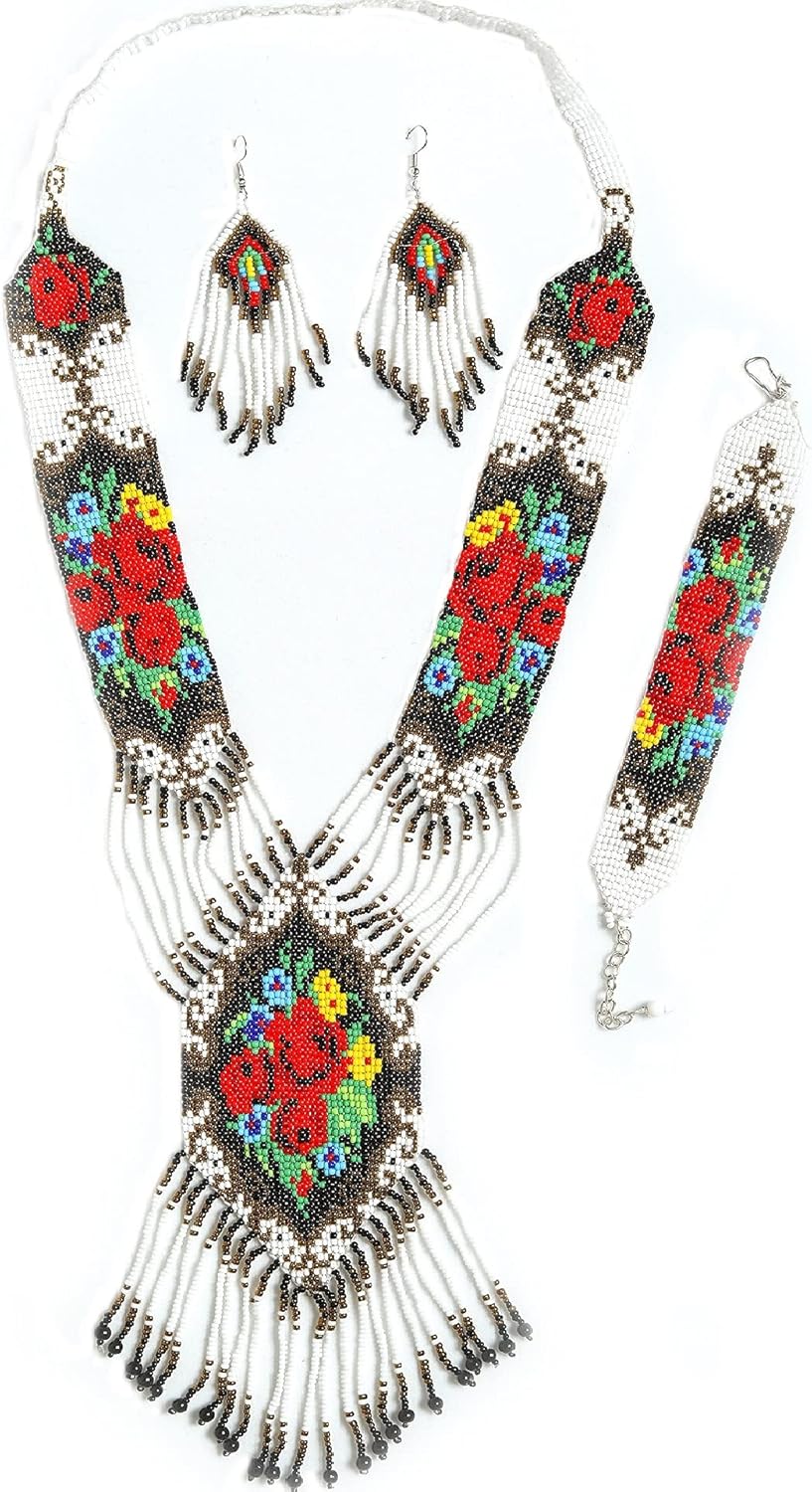 TAHERA Native American Jewelry for Women statement seed beaded white western handmade necklace, earrings and bracelet.Bohemian colorful summer bead bib set for women.