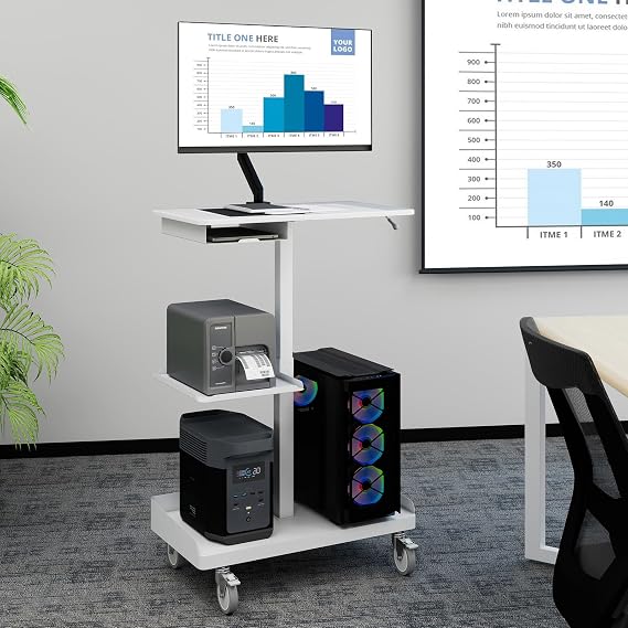 Natwind Mobile Workstation Cart with Monitor Mount & CPU Holder,White | Height Adjustable Computer Cart,Heavy-Duty Rolling Standing Desk for Home Office,School,Warehouse,Medical,Workshop