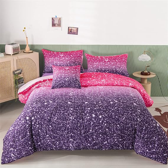 RYNGHIPY 6Pcs Full Gradient Pink Purple Glitter Comforter Sets for Teens Girls Kids, Colorful Rainbow Glitter Themed Bedding Set
