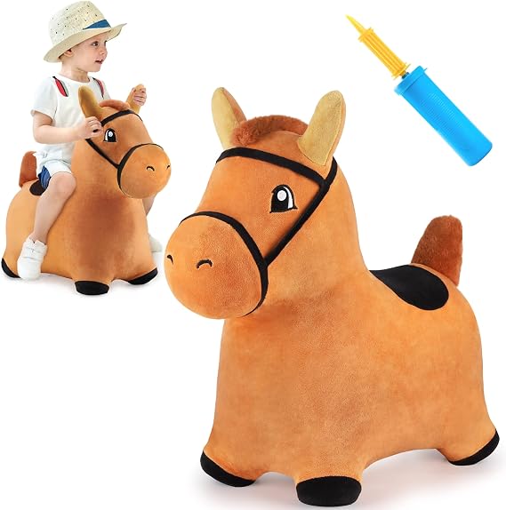 Bouncy Pals Toddler Brown Horse Hopper Toy, Kids Outdoor Ride Bounce Animal | Outside Inflatable Riding Bouncer, Plush Bouncing Horse Hopping Toy, Cool Birthday Gifts Age 2 3 4 5 6 Year Old Boy Girl
