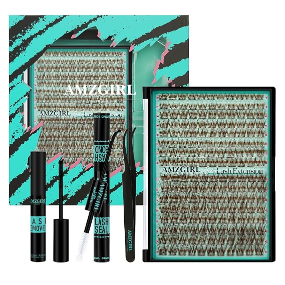 AMZGIRL Brown Lash Clusters Kit, DIY Lash Extension Kit with Full Tools | Beginner-friendly Lashes Clusters Kit for DIY at Home, with Waterproof Lash Bond&Seal, (Halos, 176pcs-C Curl-Mix8-16mm)