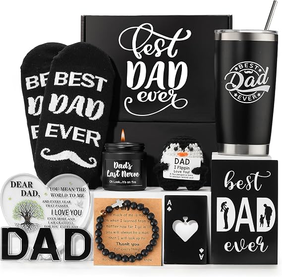 JOYOFUN Dad Birthday Gift Box, Father Day Gifts,Best Dad Ever Gifts from Daughter Son,Cool Present Set with 20oz Insulated Tumbler,Candle,Socks,Crochet,Acrylic Decoration,Bracelet