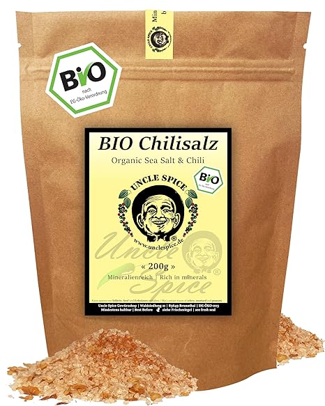 UNCLE SPICE® DE-ÖKO-005 Organic Chilli Salt - 200 g Organic Sea Salt from Spain with Organic Bird's Eye Chilis in Eco Bag Mixed by Hand Chilli Salt Sustainably Produced
