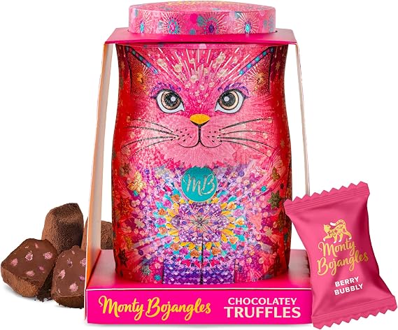 Monty Bojangles Raspberry Popping Candy Chocolate Truffles Cat Tin (135g - Shimmering Starlet) Luxury Chocolatey Truffles - Collectable Cat Tin, Truffles Chocolate Gift Box With Bespoke Design