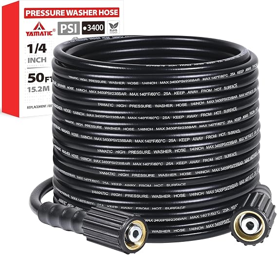YAMATIC Pressure Washer Hose 50 FT 1/4", 3400 PSI, M22-14mm Females | Kink-Resistant Hose With Solid Brass Fittings Replacement For Ryobi Greenworks Troy-Bilt Craftsman, Black