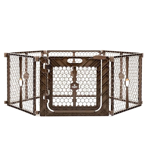 Regalo Safety 192" Plastic Super Wide Baby Gate & Play Yard with Door | Adjustable Playpen, For Doorways & Open Spaces, For Babies, Toddlers & Pets, Brown, Tested & Trusted for 30 Years