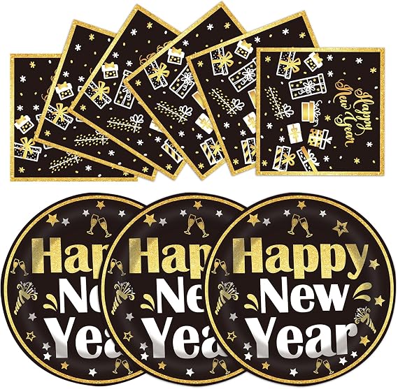 40PCS Happy New Year Paper Plates and Napkins Party Supplies, Disposable Party Plates and Napkins Tableware Set for New Years Eve Party Decorations Serves 20 Guests