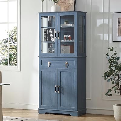 71 Tall Pantry with Great Showcase&Storage, Pantry Cabinet with Glass Doors for Display,Removable and Adjustable Shelves for conveninet Storage, for Kitchen, Blue