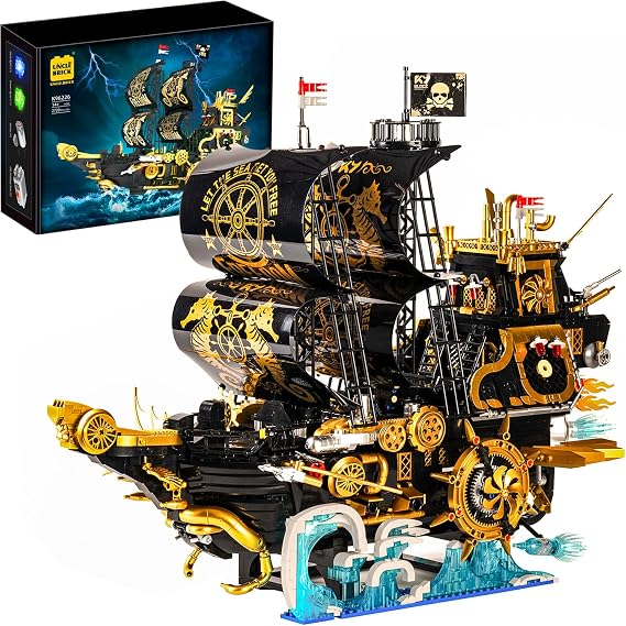 UNCLE BRICK Pirate Ship Building Block Set,with Lights and Power Motor,Steampunk Freedom Number Ship Model，Stem Toys for Ages 8-13，Toy Building Sets for Adults，Suitable As A Holiday Or Birthday Gift