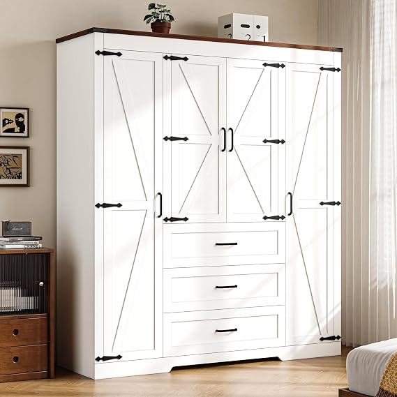 4 Door Armoire Wardrobe Closet Cabinet with 3 Drawers and Drawers, Farmhouse Bedroom Armoire with Hanging Rod and Adjustable Shelves, Large Capacity Storage Wardrobe Armoire for Bedroom, White