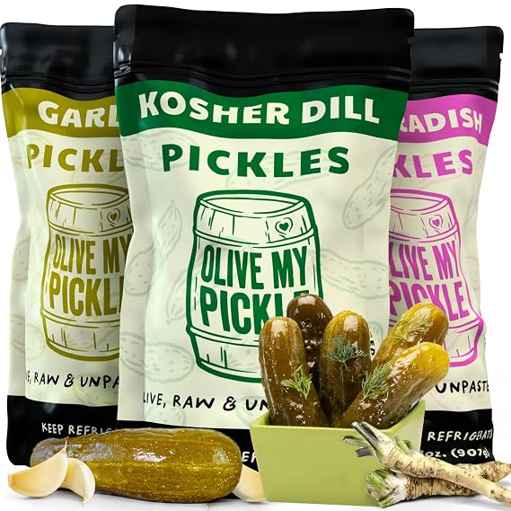 Olive My Pickle Fermented Pickles Probiotic Variety Pack - 96 Ounces | 3-Pack Bundle of Kosher Dill, Garlic, Horseradish Kosher Dill Pickles and Brine with Digestive Enzymes for Gut Health - 32 oz per bag