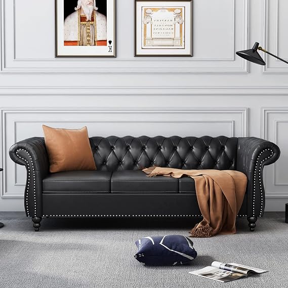 PU 3 Seater Sofa, Chesterfield Sofa Modern Tufted Couch 3 Seater Large Sofa with Scroll Arms and Nailhead for Living Room, Black PU